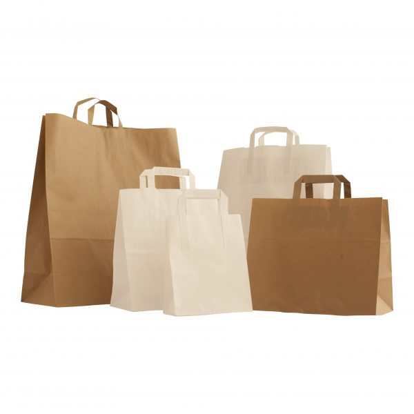Brown and white paper bags with flat handles