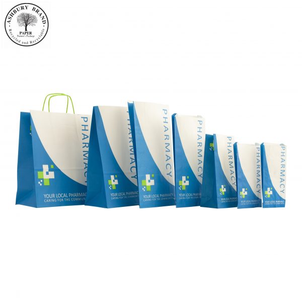 Generic pharmacy paper bag range, including carriers and chemist size B and D bags from Paper Bags Ireland