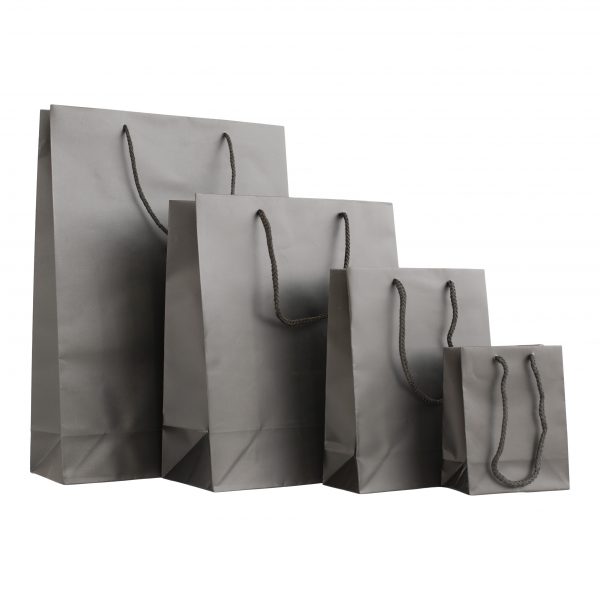 Black Luxury Paper Carrier Gift Bags. From left to right: Large, medium, small, extra small. Paper Bags Ireland