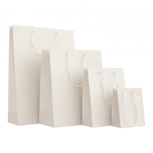 White Luxury Paper Carrier Gift Bags. From left to right: Large, medium, small, extra small. Paper Bags Ireland
