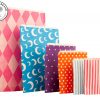 Colourful Flat Counter Bags. From left to right: 14x18” pink diamonds, 11x14” blue moons, 8.5x11” purple stars, 7x9” orange polka dot, 5x7” blue candy stripes, 5x7” pink candy stripe. Cute Colourful Counter Bags