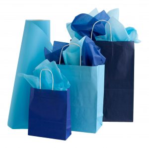 Father’s Day gift packaging collection featuring blue and navy paper bags, tissue paper, wrapping paper, and counter bags