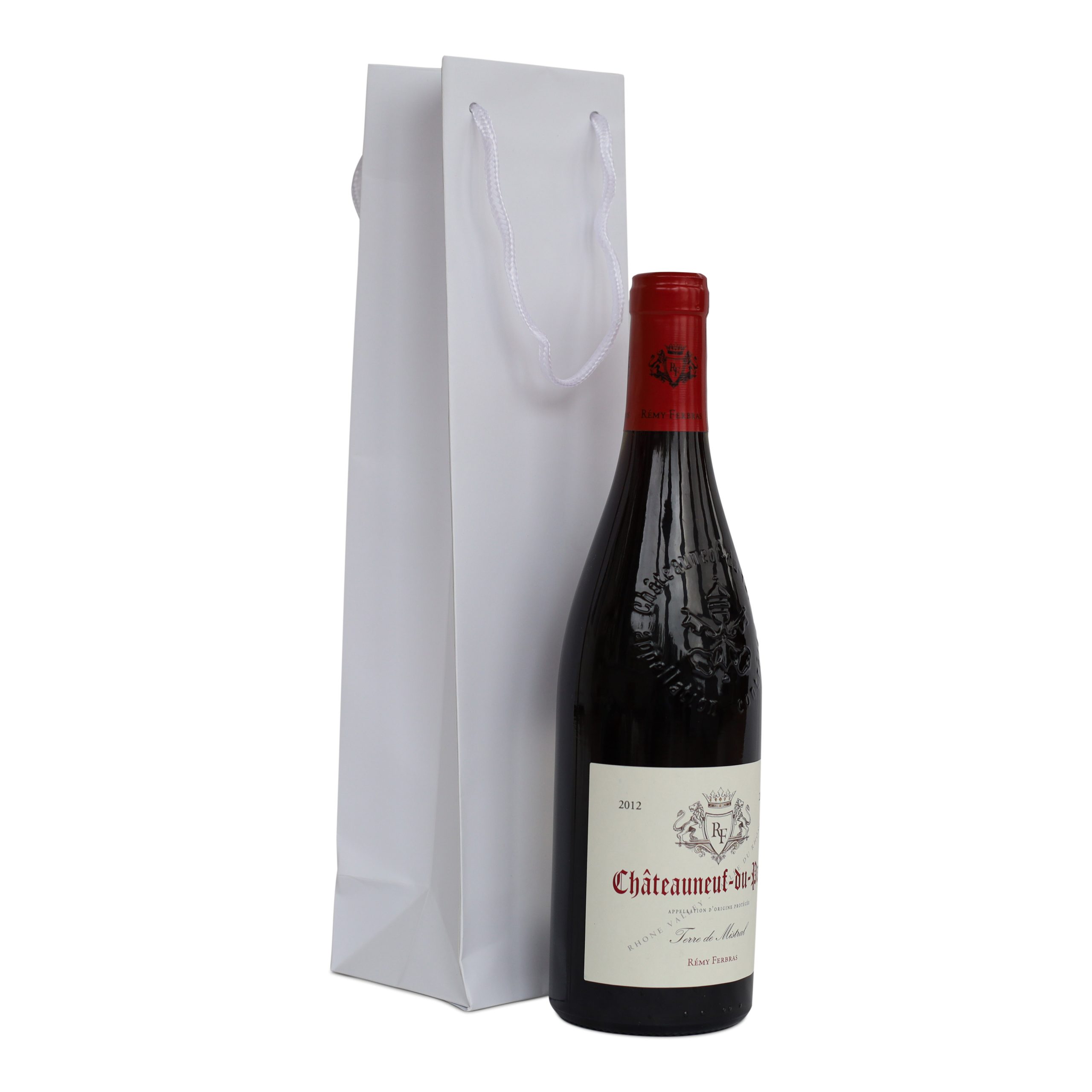 White luxury paper bottle bag with rope handles, shown with a Châteauneuf-du-Pape wine bottle — ideal for wine, champagne, and spirits gifting.