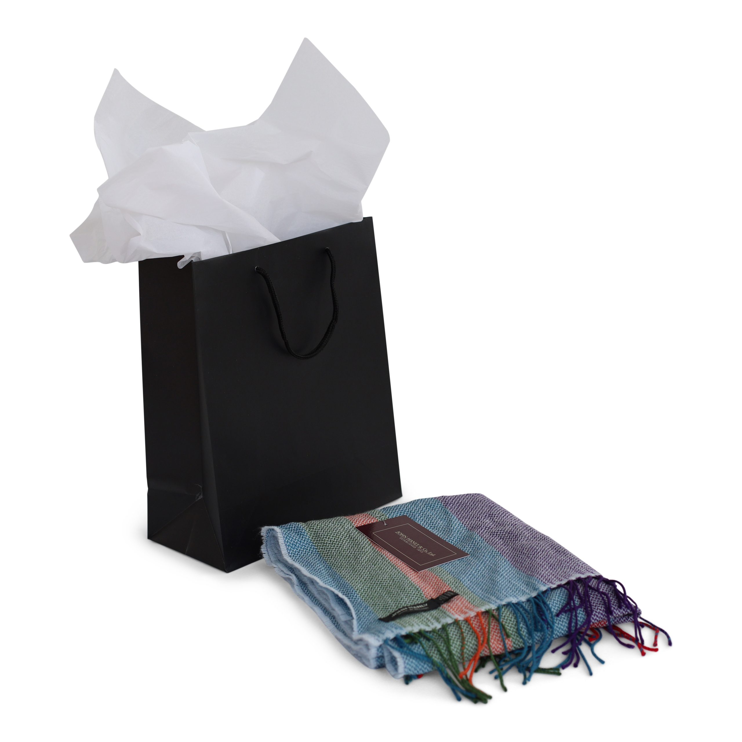 Medium portrait black luxury paper gift bag with rope handles shown with a folded scarf and white tissue paper.