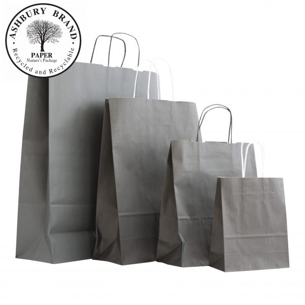 Black Paper Bags with twist or flat internal handles. From left to right: Extra-large, Large, medium, small. Featuring Ashbury logo, Irish made locally produced for Paper Bags Ireland