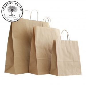 Brown Colour Paper Carrier Bags. From left to right: Extra large, large, medium, small. With twist handles. Paper Bags Ireland