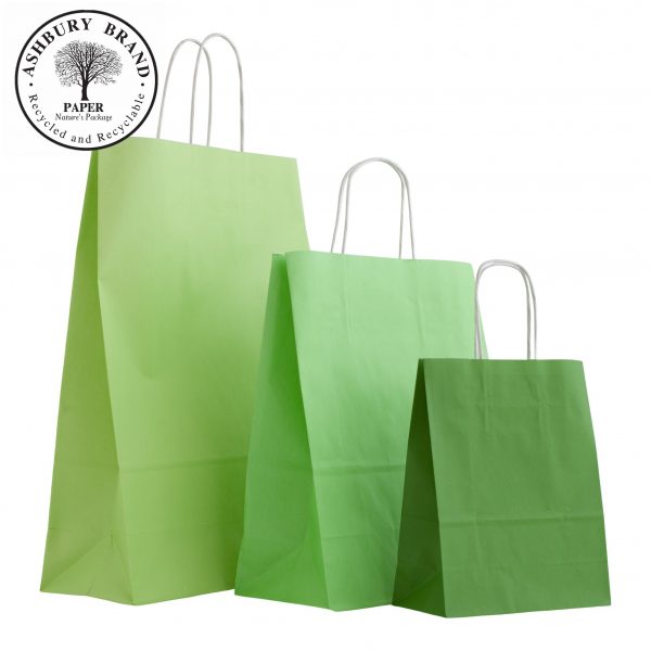 Lime Green and Green Colour Paper Carrier Bags. From left to right: Large light green, medium light green, small green. With twist handles, Paper Bags Ireland
