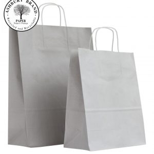 Grey, Silver Colour Paper Carrier Bags. From left to right: Large, medium