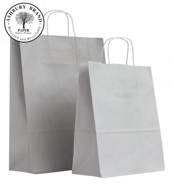 Grey, Silver Colour Paper Carrier Bags. From left to right: Large, medium