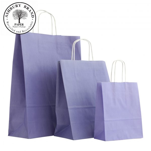 Lavender (light purple) Colour Paper Carrier Bags. From left to right: Large, medium, small. twist handles paper bags ireland