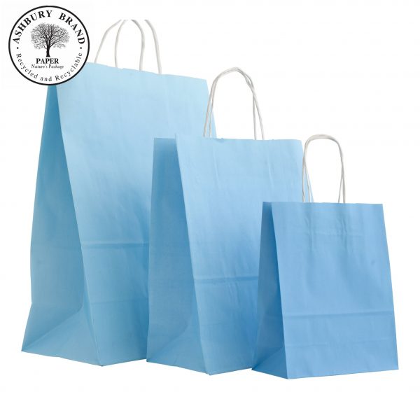 Light Blue Colour Paper Carrier Bags. From left to right: Large, medium, small. with twist handles. paper bags ireland
