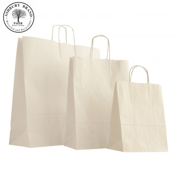 White Colour Paper Carrier Bags. From left to right: Extra large, large, medium, small. with twist handles. Paper Bags Ireland