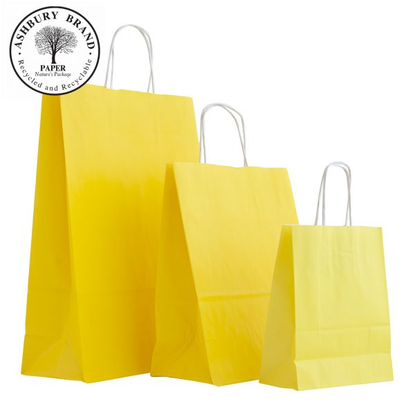 Yellow Colour Paper Carrier Bags. From left to right: Large, medium, small. with twist hadnles, paper bags ireland