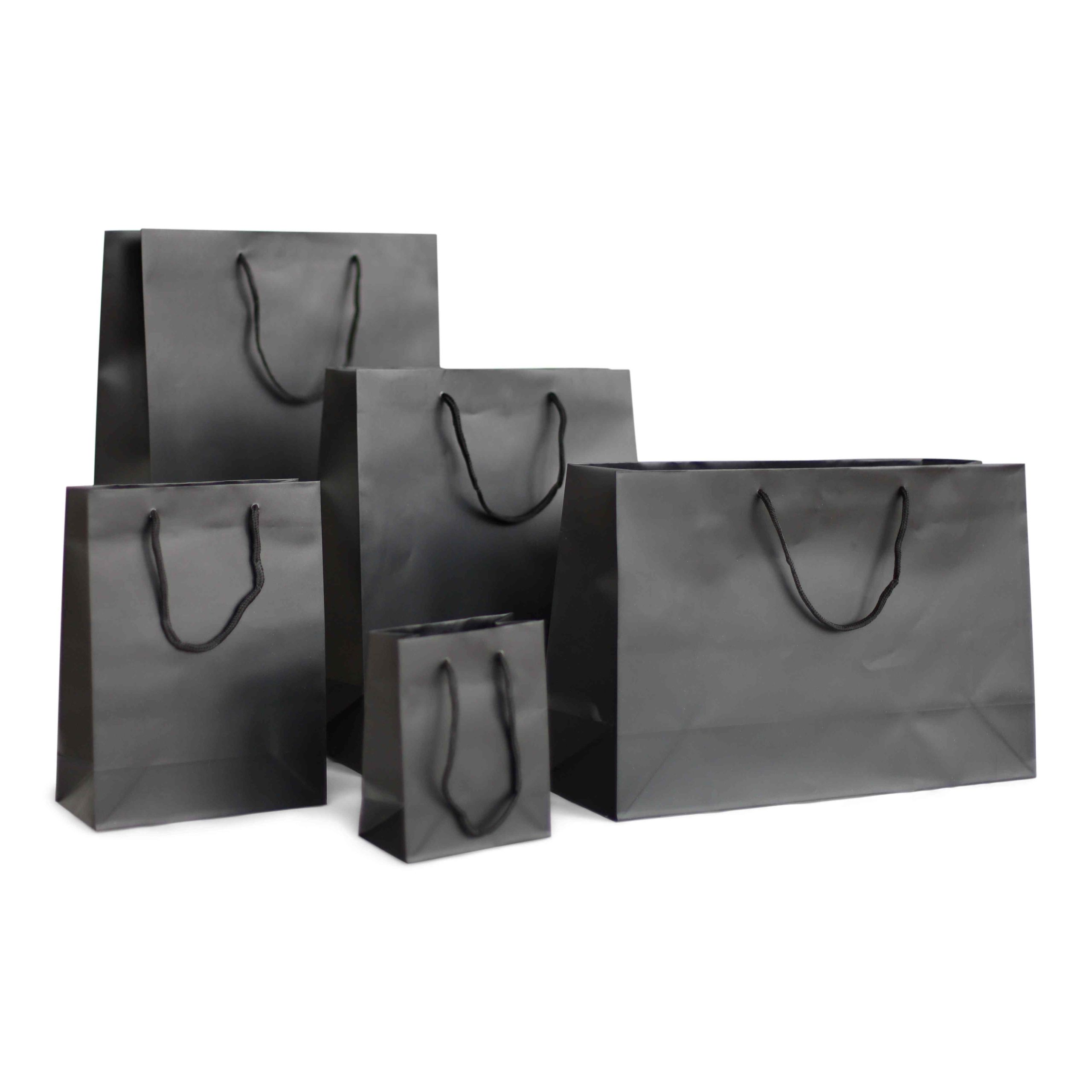 Black luxury paper bags with rope handles in multiple sizes