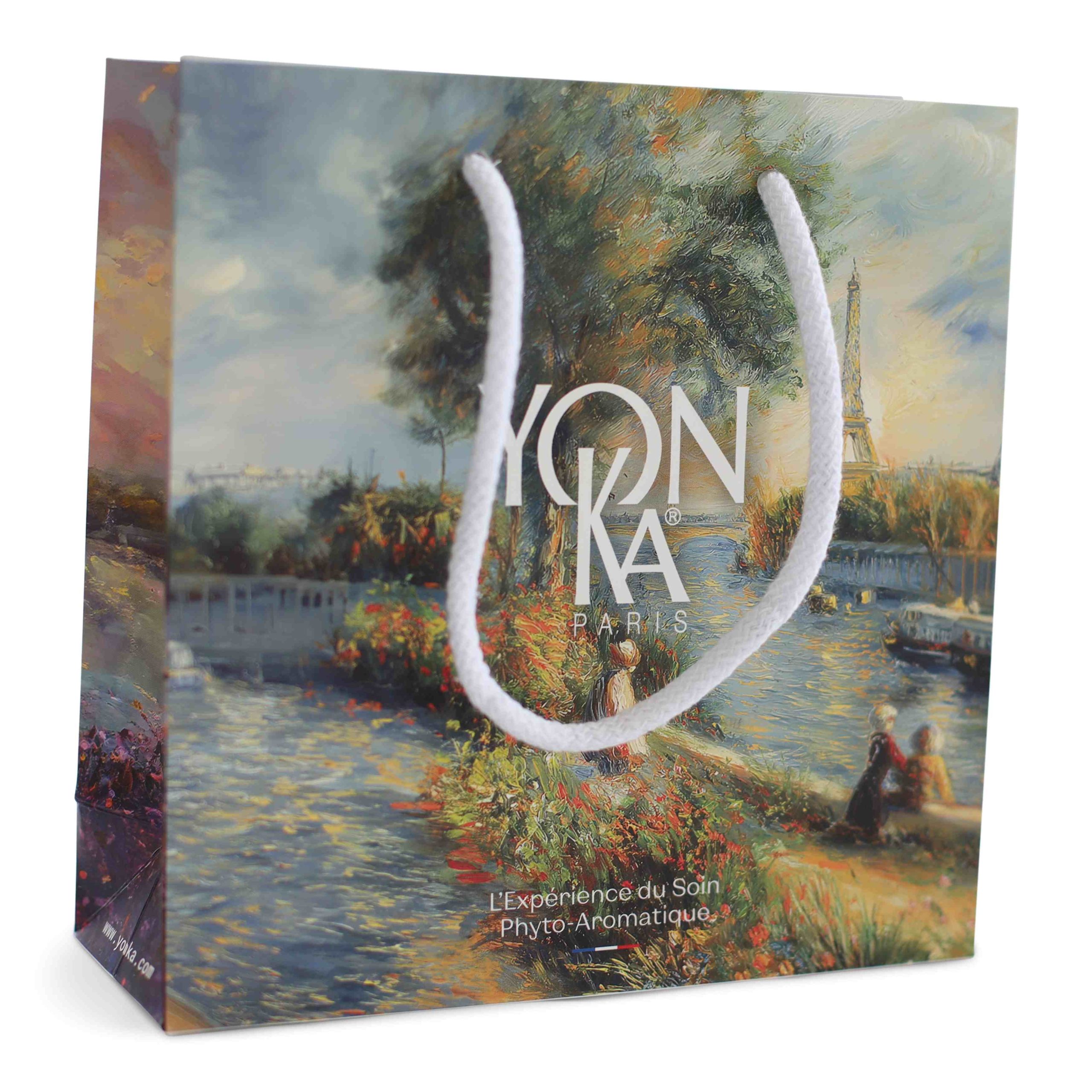 Luxury branded paper bag with illustrated design and rope handles