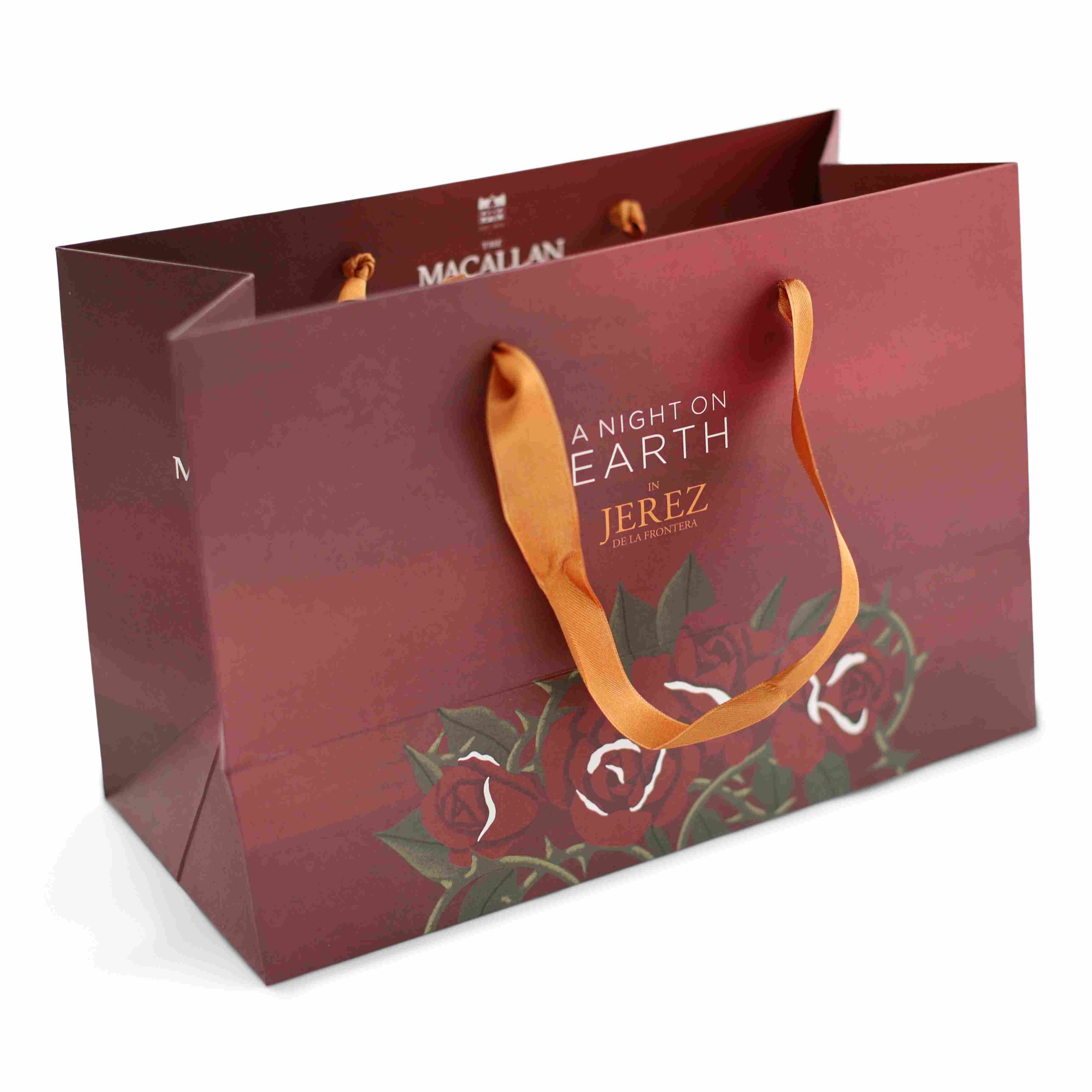 Luxury branded paper bag with ribbon handles for wine and spirits