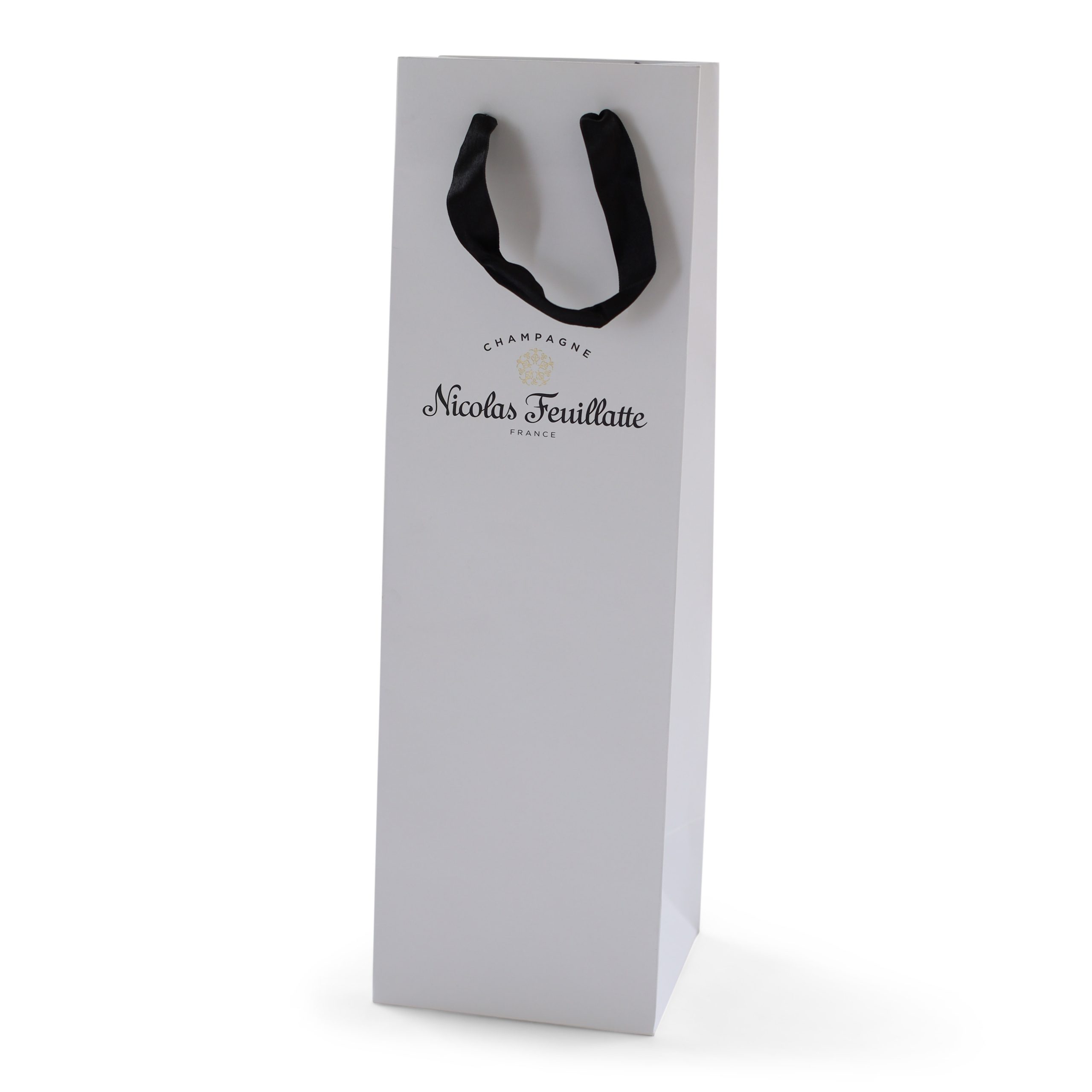 Luxury branded paper bottle bag with ribbon handles