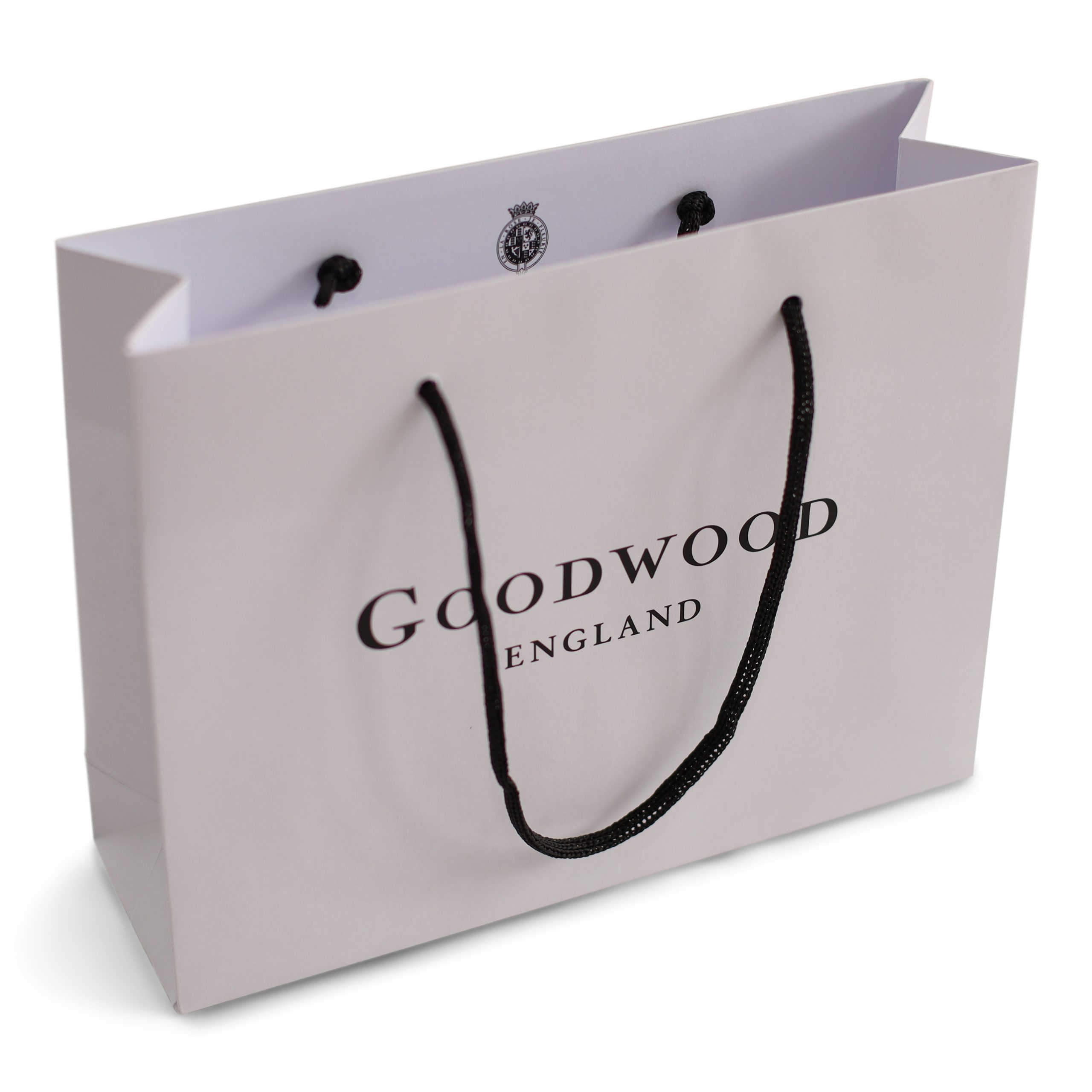Luxury branded paper shopping bag with black rope handles